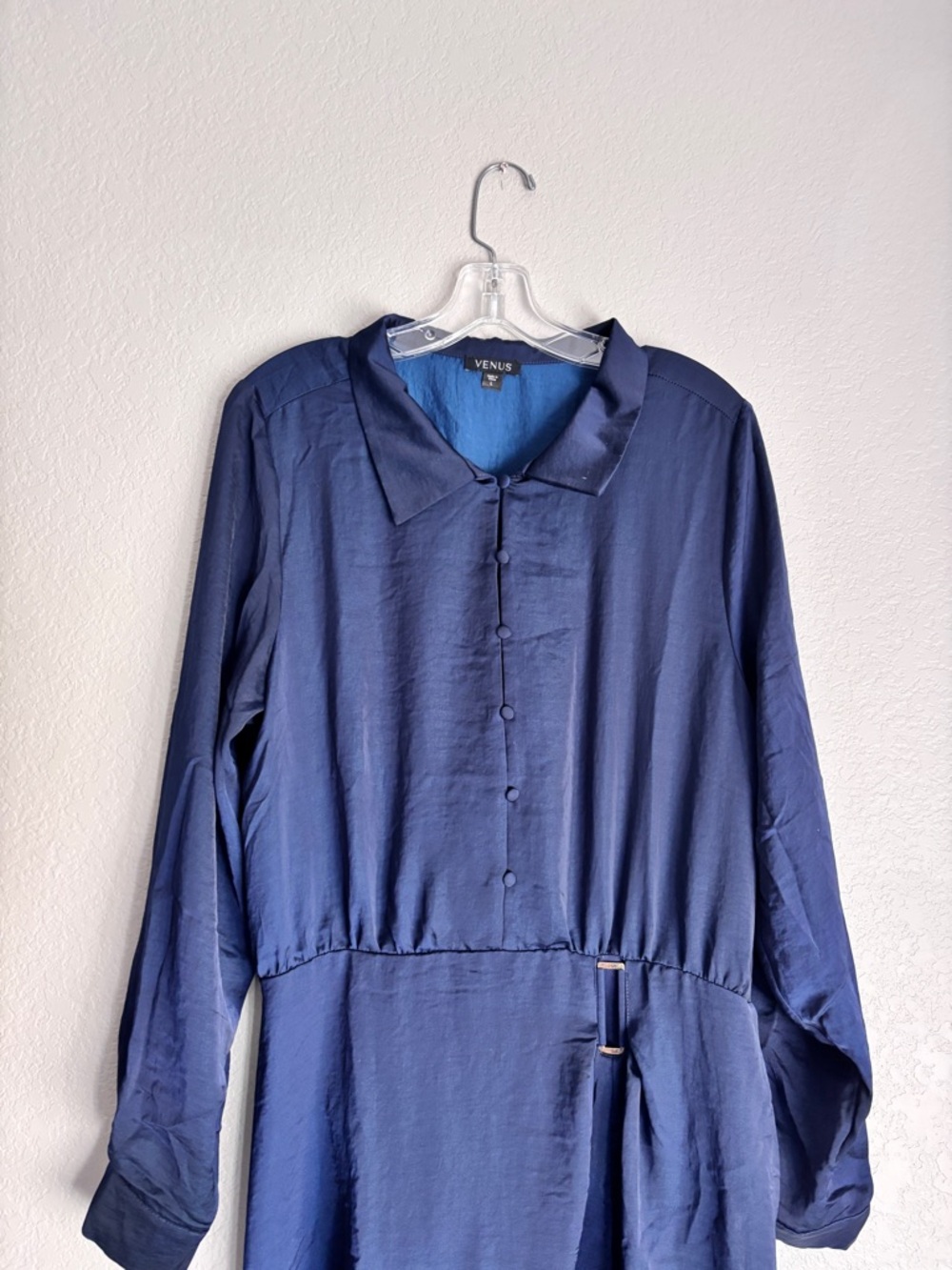 VENUS Navy Button-Front Collar long sleeves high front slit Maxi Dress women’s L - Picture 3 of 13